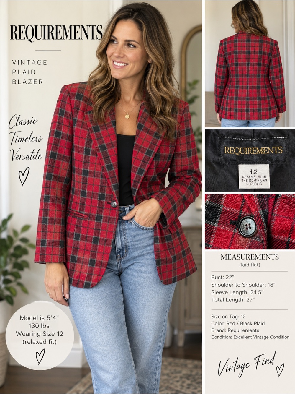 Requirements Red & Black Plaid Blazer - Tailored Vintage Jacket